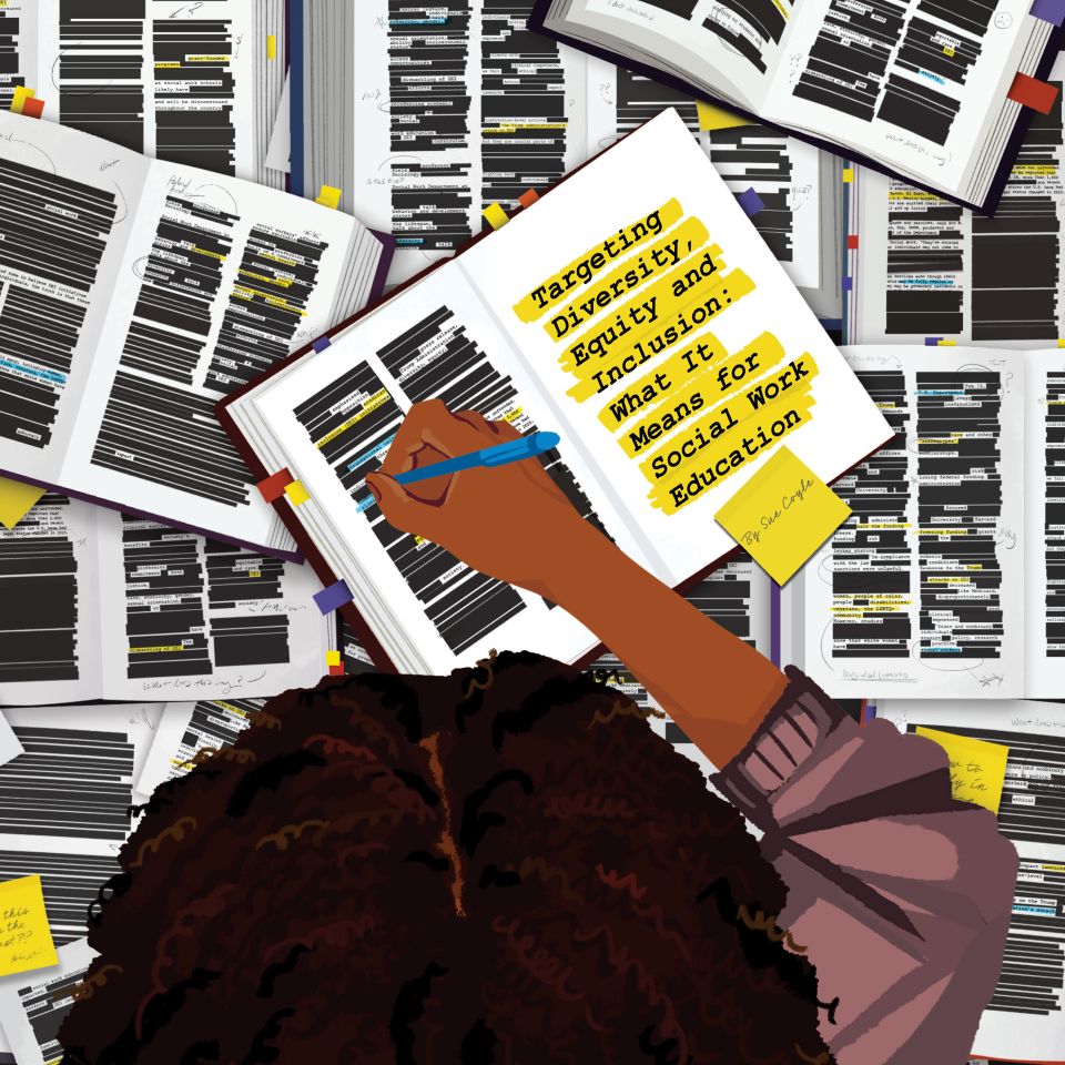 artist rendering of person looking at many open books with most of the lines of text redacted